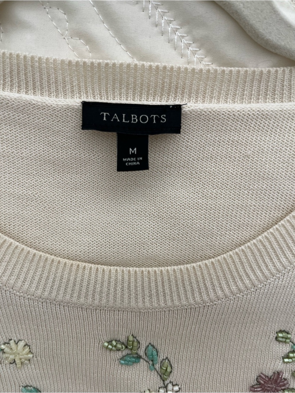 Talbots Cream Floral Embroidered Short Sleeve Sweater - Picture 4 of 9